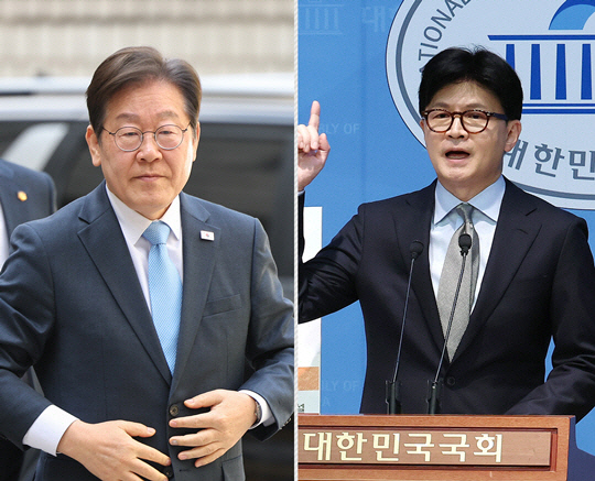 왼쪽부터 각당에서 6·3 조기 대통령선거 예비후보로 등록한 이재명 더불어민주당 전 대표, 한동훈 국민의힘 전 대표.<연합뉴스 사진 갈무리>